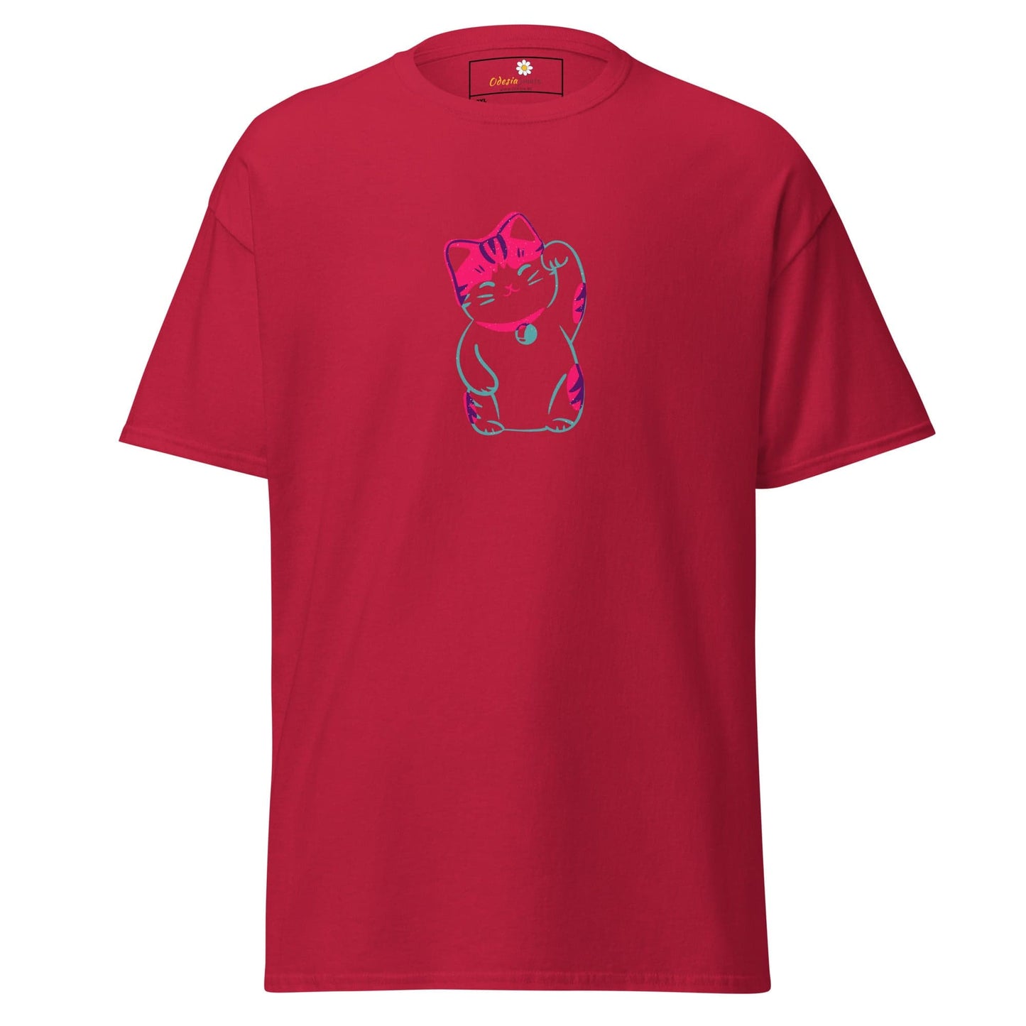 Red T-shirt with neon cat design available in large sizes for men and women