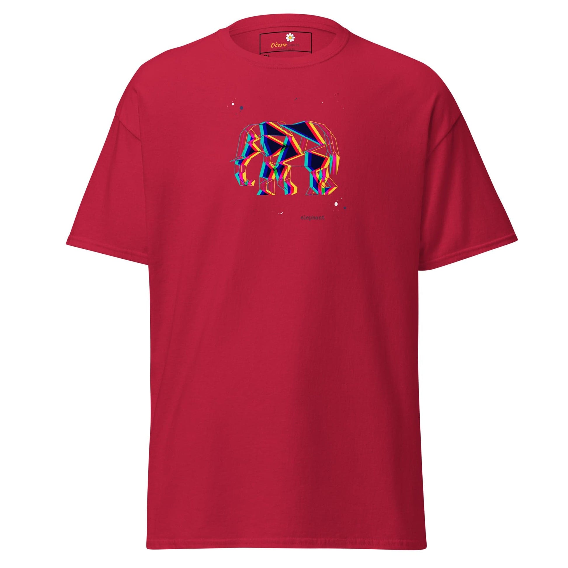 Red t-shirt with geometric elephant design.