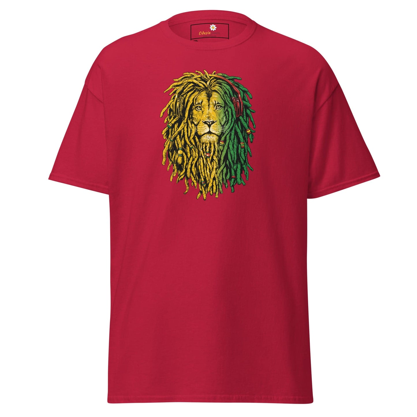 Red t-shirt with lion graphic.