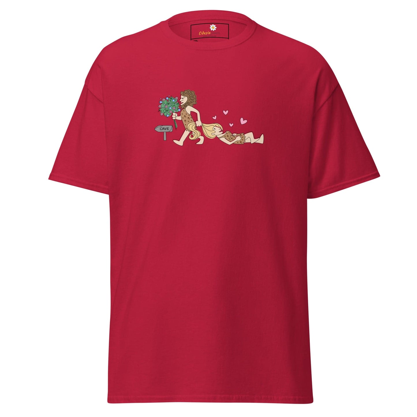 Red T-shirt with caveman graphic for men and women in sizes 2XL to 5XL