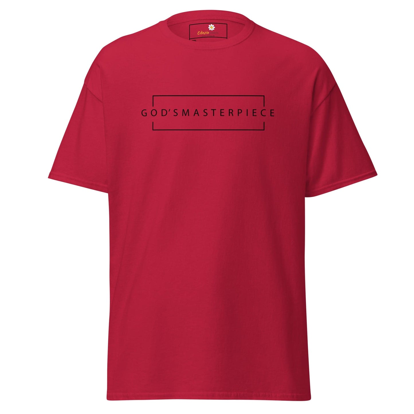 Red t-shirt with ’God’s Masterpiece’ graphic.