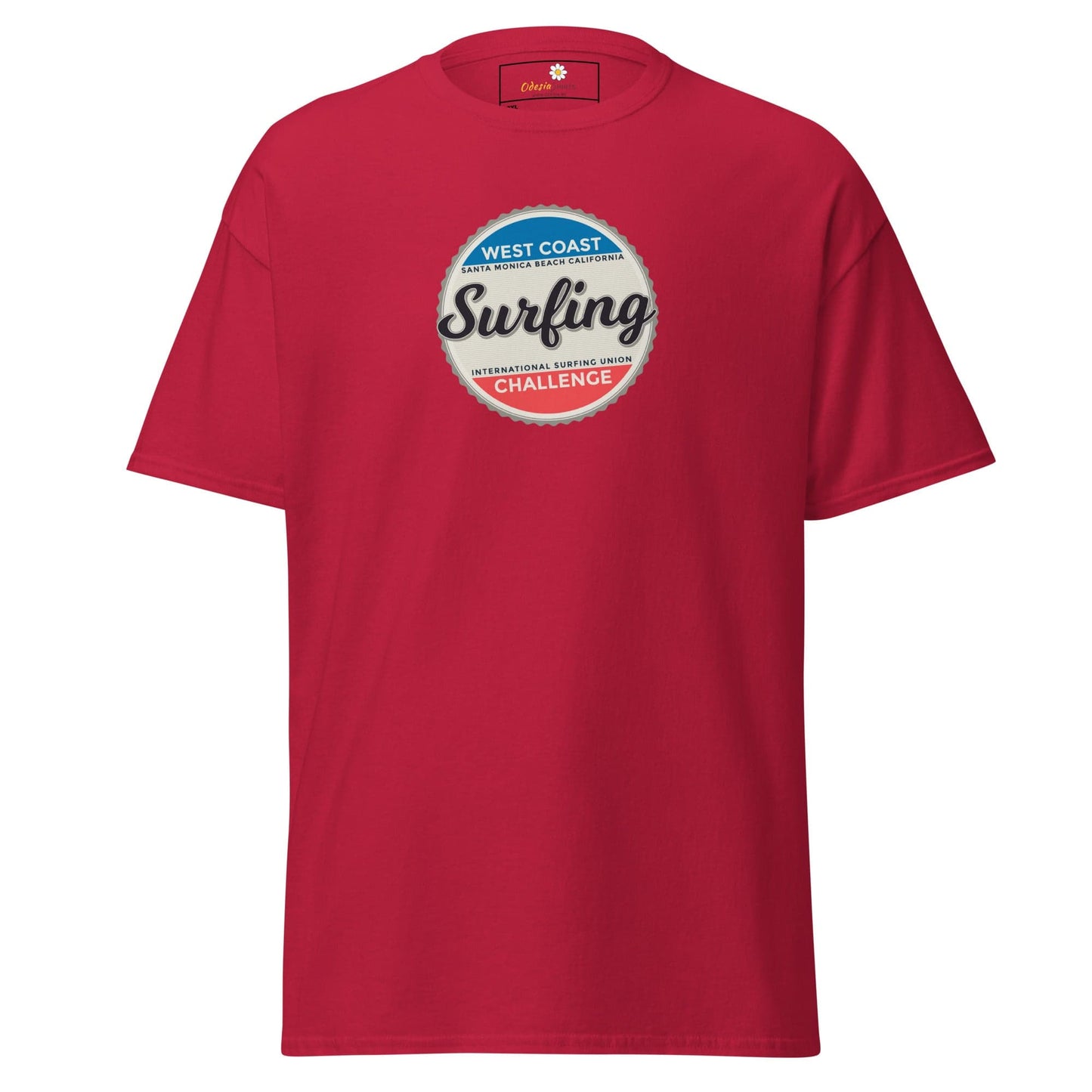 Red t-shirt with surfing graphic.