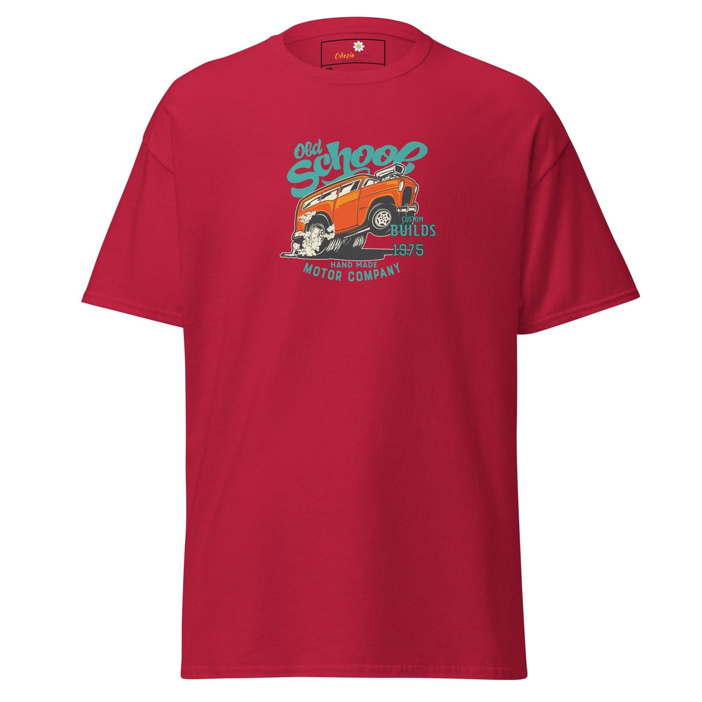 Red t-shirt with car graphic.