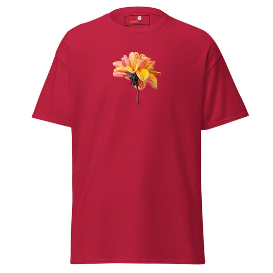 Red t-shirt with flower graphic.
