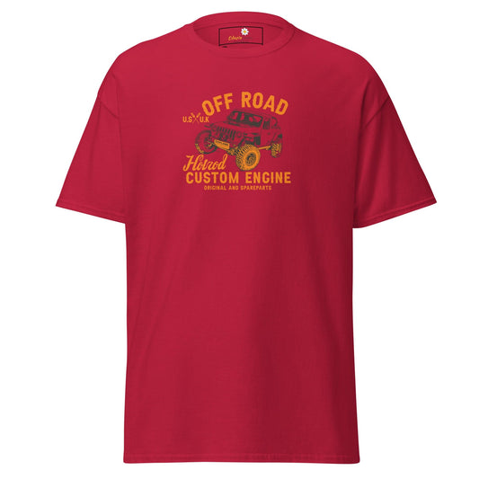Red t-shirt with off-road vehicle graphic.