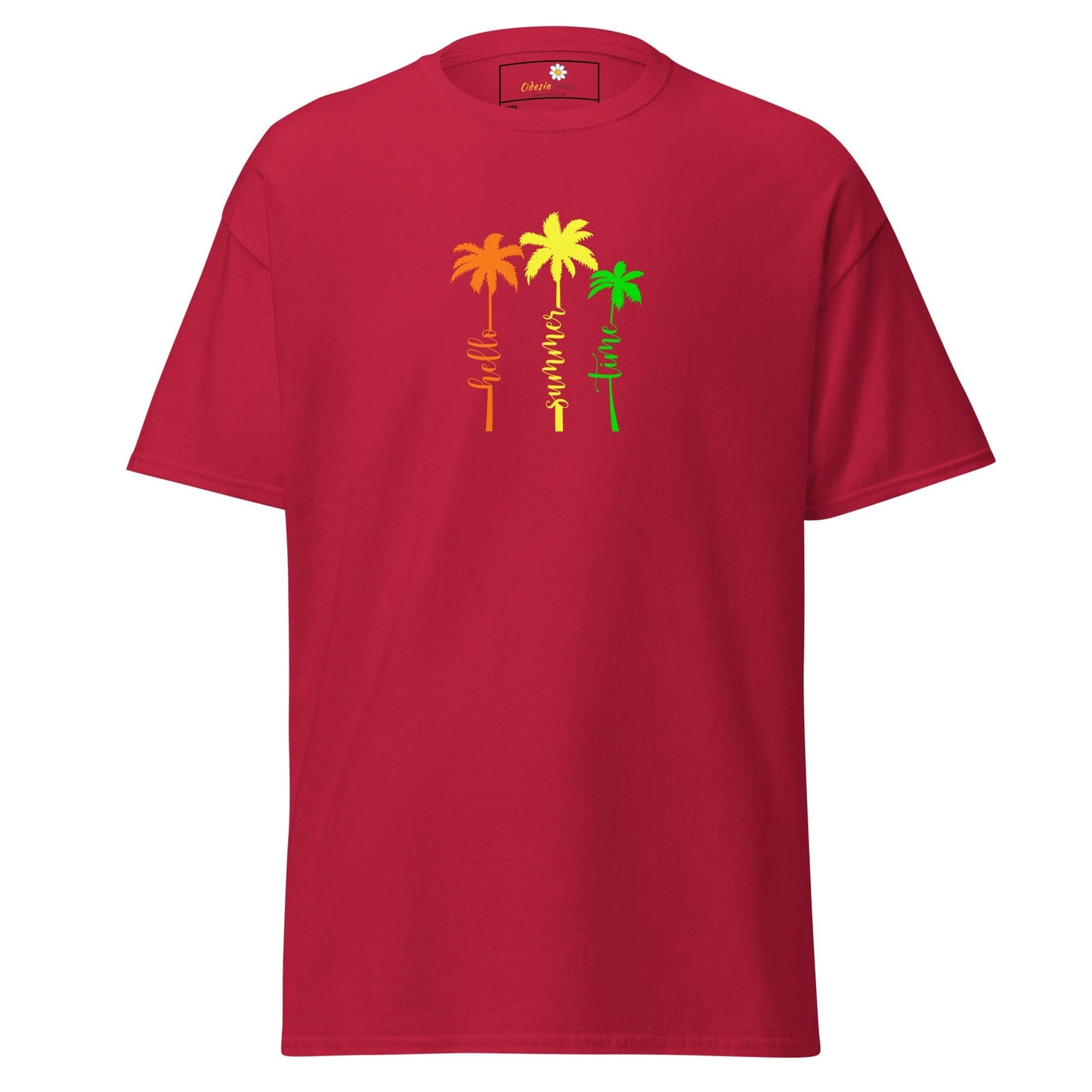Red t-shirt with palm tree design.
