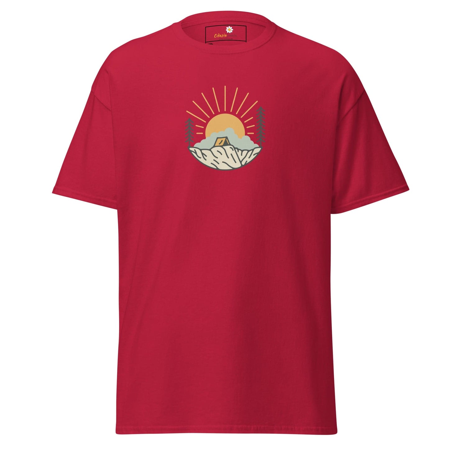 Red t-shirt with camping graphic.