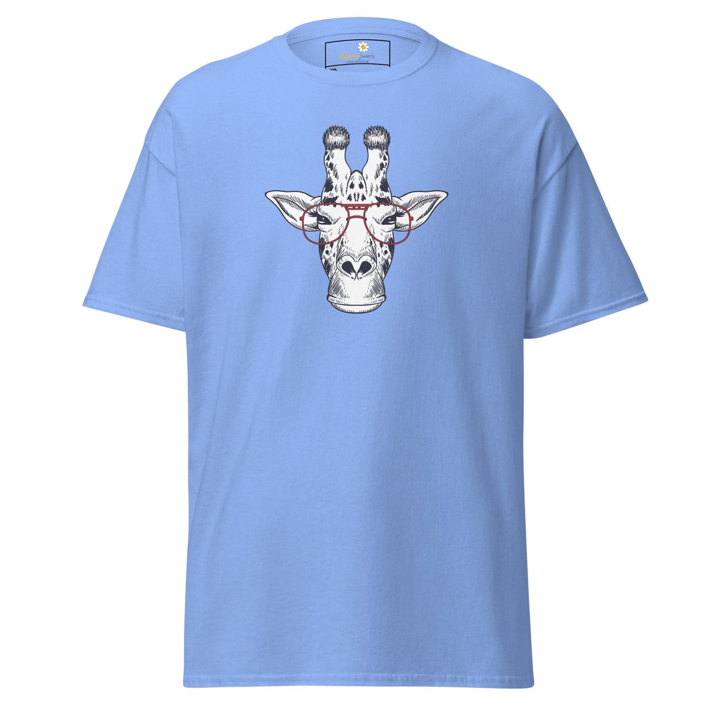 Light blue T-shirt with a giraffe graphic for men and women in size 2XL to 5XL