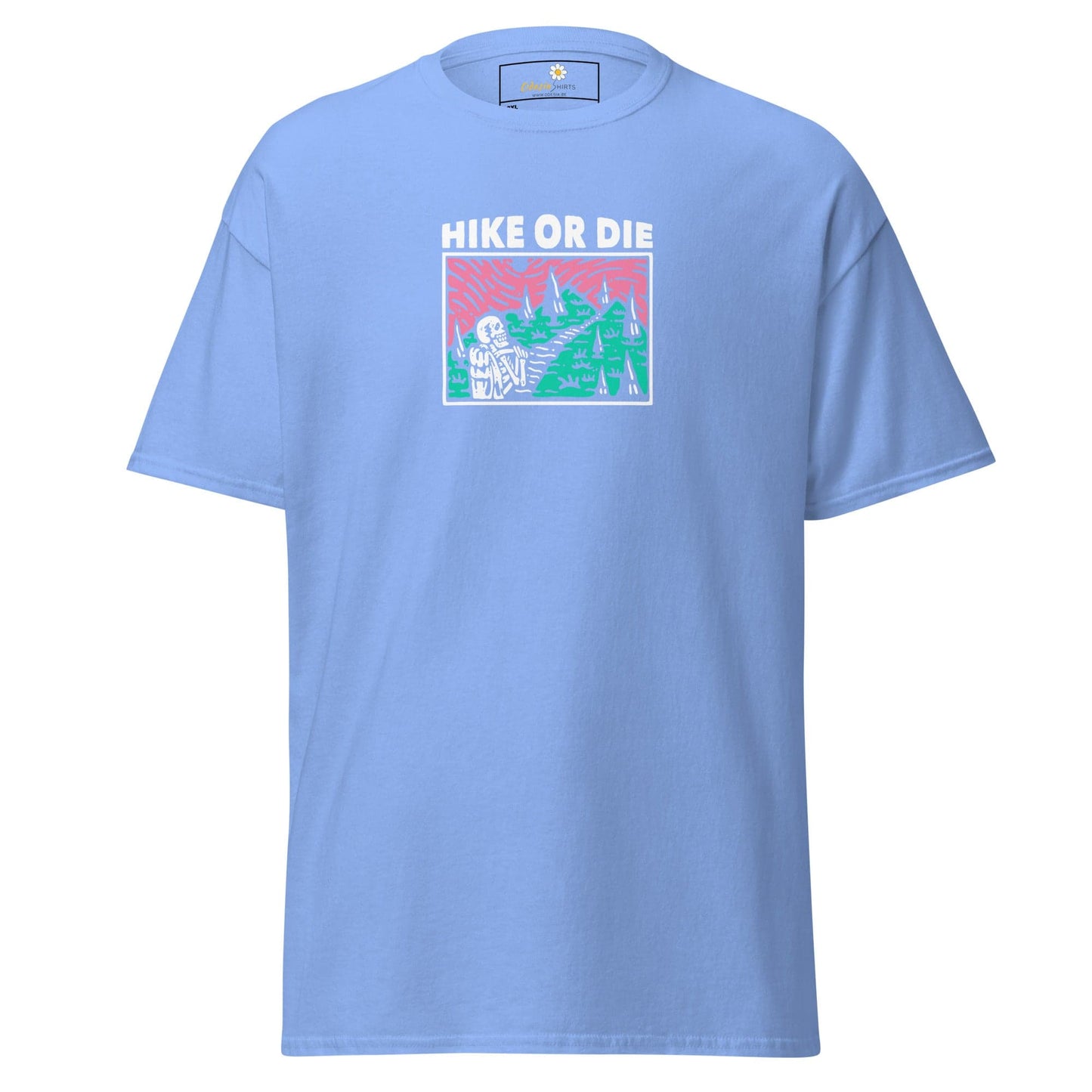 Light blue t-shirt with ’Hike or Die’ graphic.