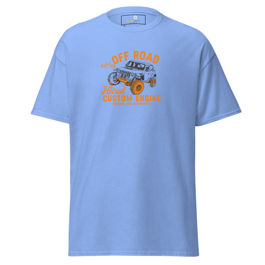 Light blue t-shirt with off-road vehicle graphic.