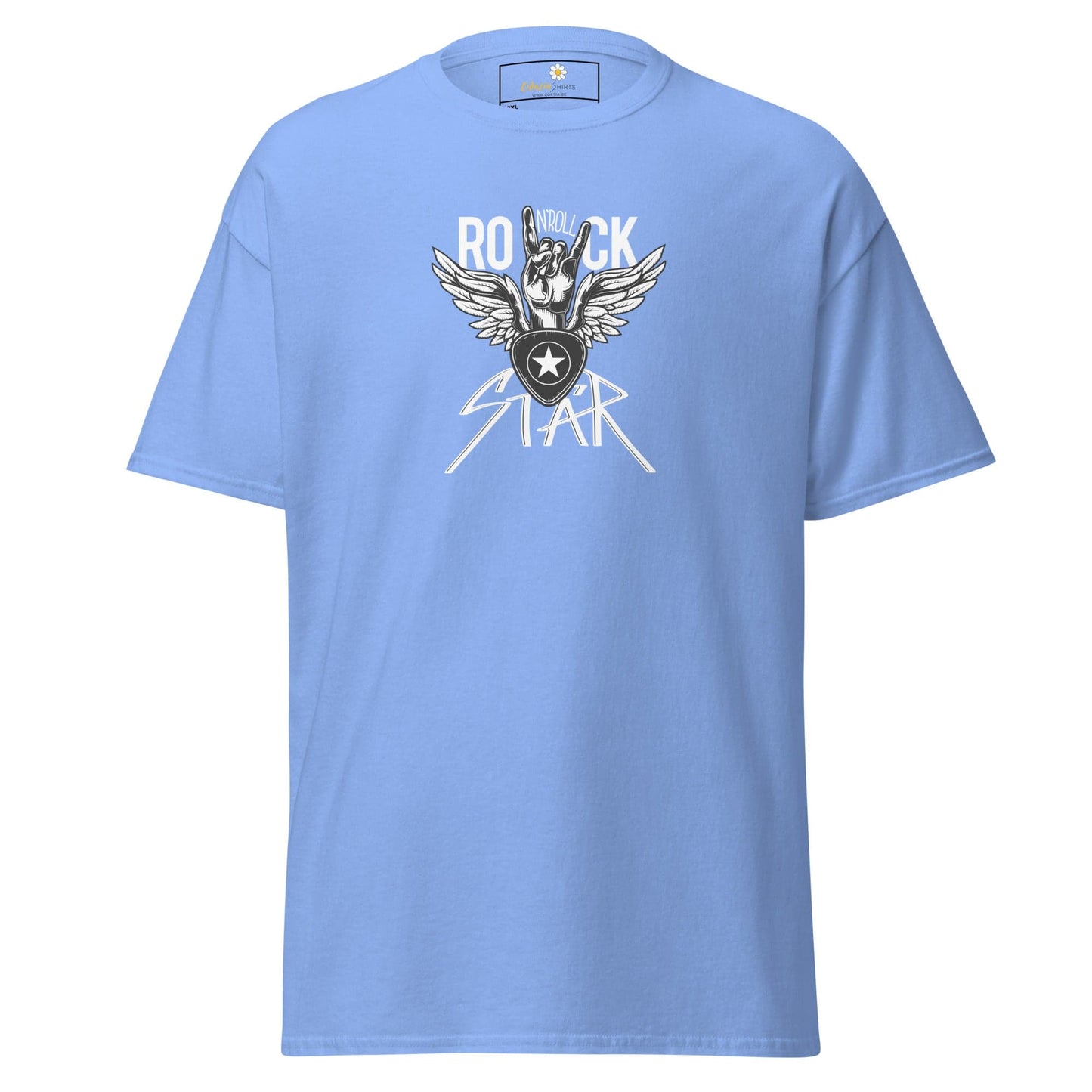 Light blue T-shirt with rock star graphic in men’s and women’s sizes 2XL to 5XL