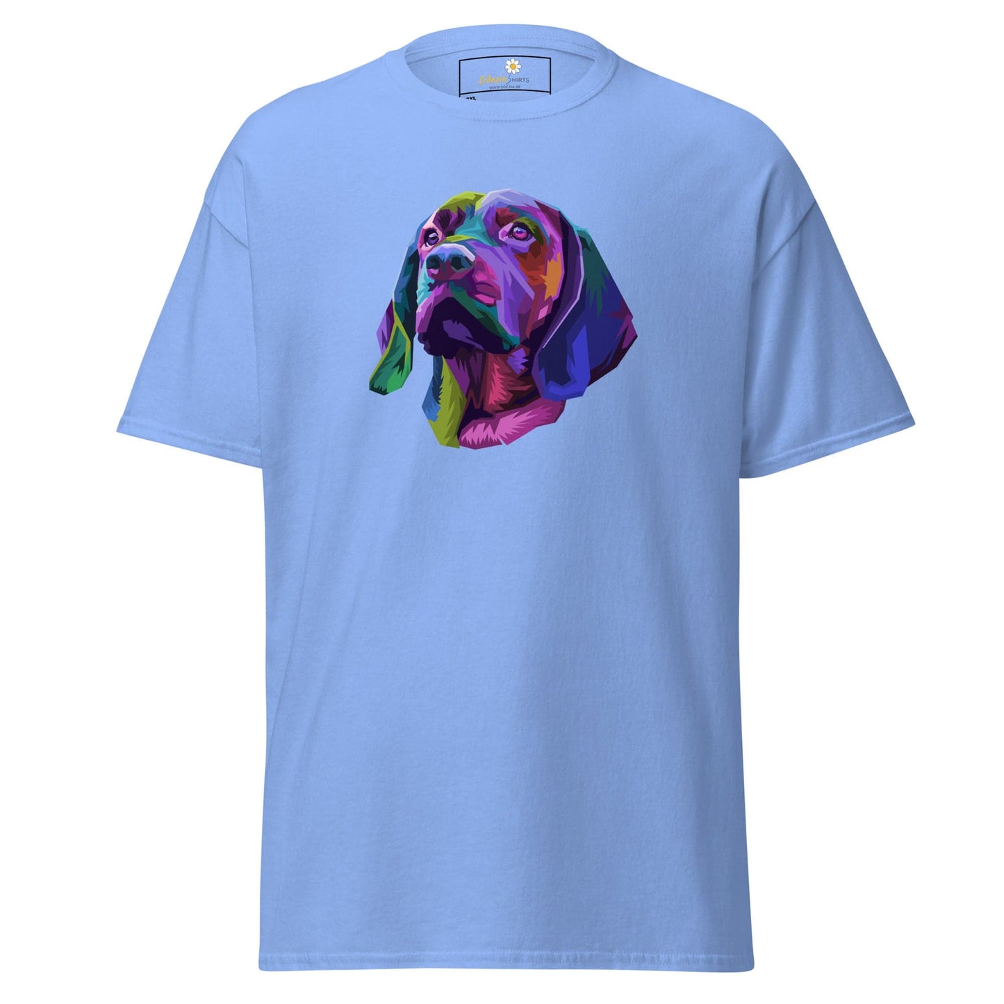 Light blue T-shirt with colorful dog head design suitable for men and women in 2XL to 5XL