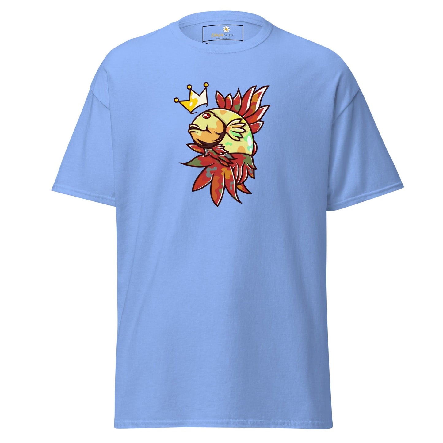 Light blue T-shirt with fish and crown graphic for men and women 2XL to 5XL