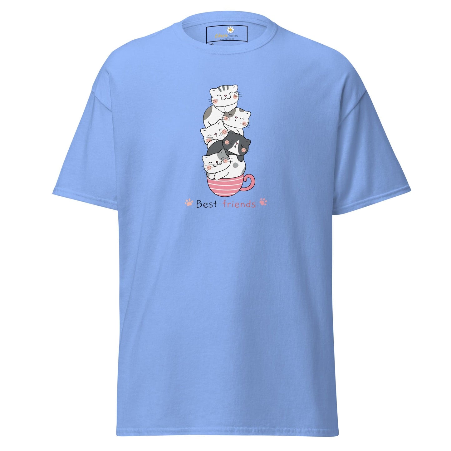 Light blue T-shirt featuring cats in a cup design for men and women large sizes