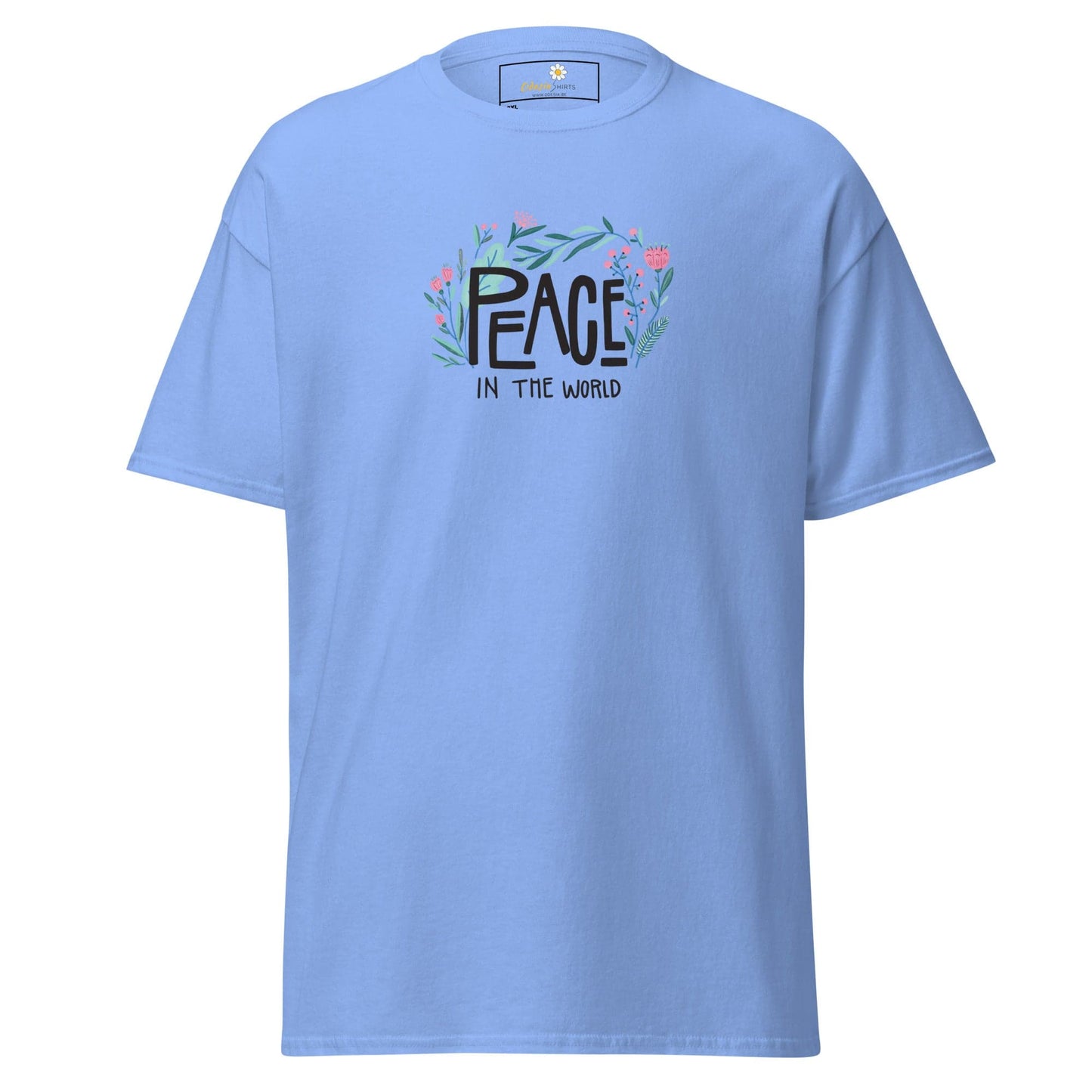 Light blue T-shirt with Peace in the World graphic for men and women in 2XL to 5XL sizes