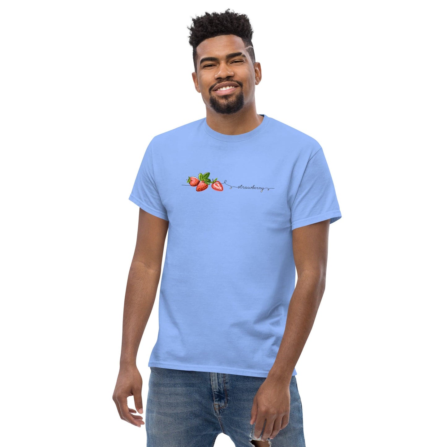 Light blue t-shirt with strawberry design.