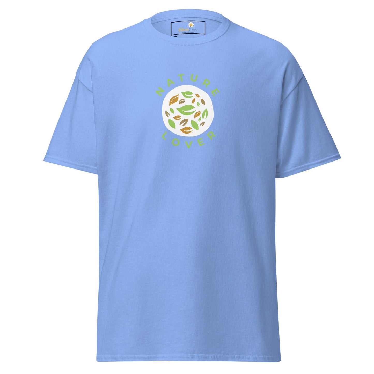 Light blue t-shirt with nature-themed graphic.