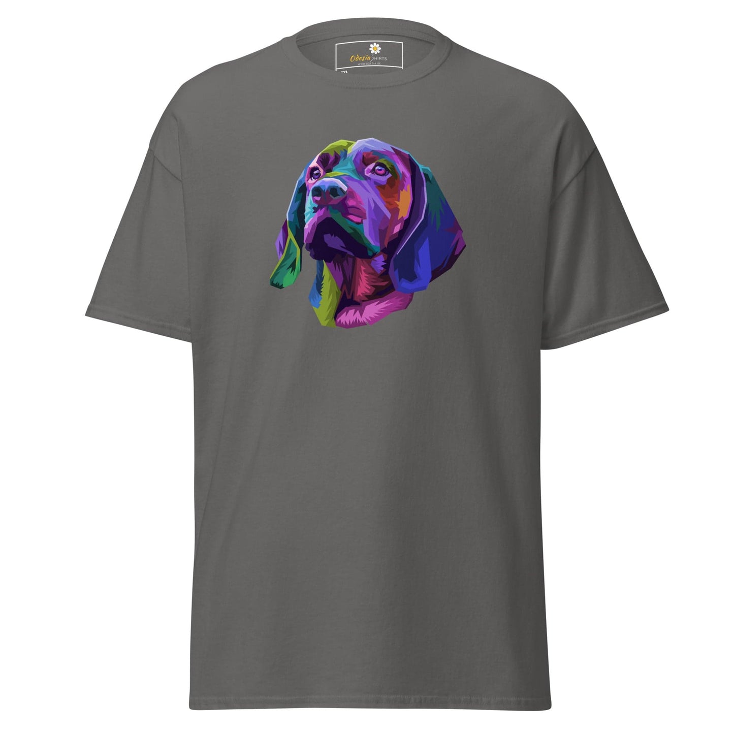 Gray T-shirt with colorful dog graphic for Men and Women in sizes 2XL to 5XL