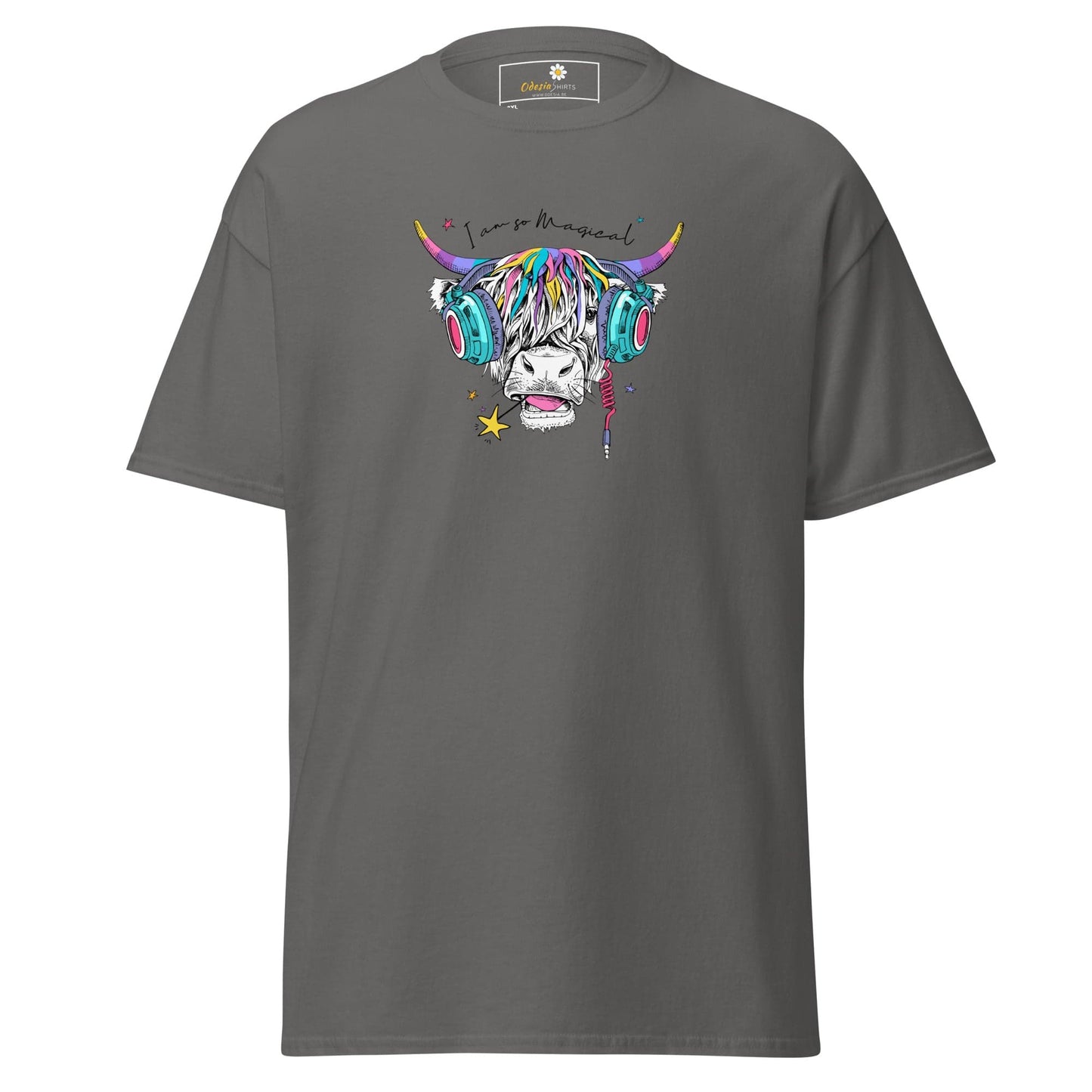 Gray t-shirt with colorful cow graphic.