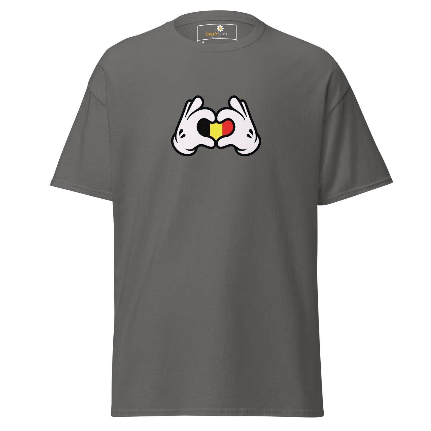 Gray t-shirt with cartoon hands forming a heart with the Belgian flag.