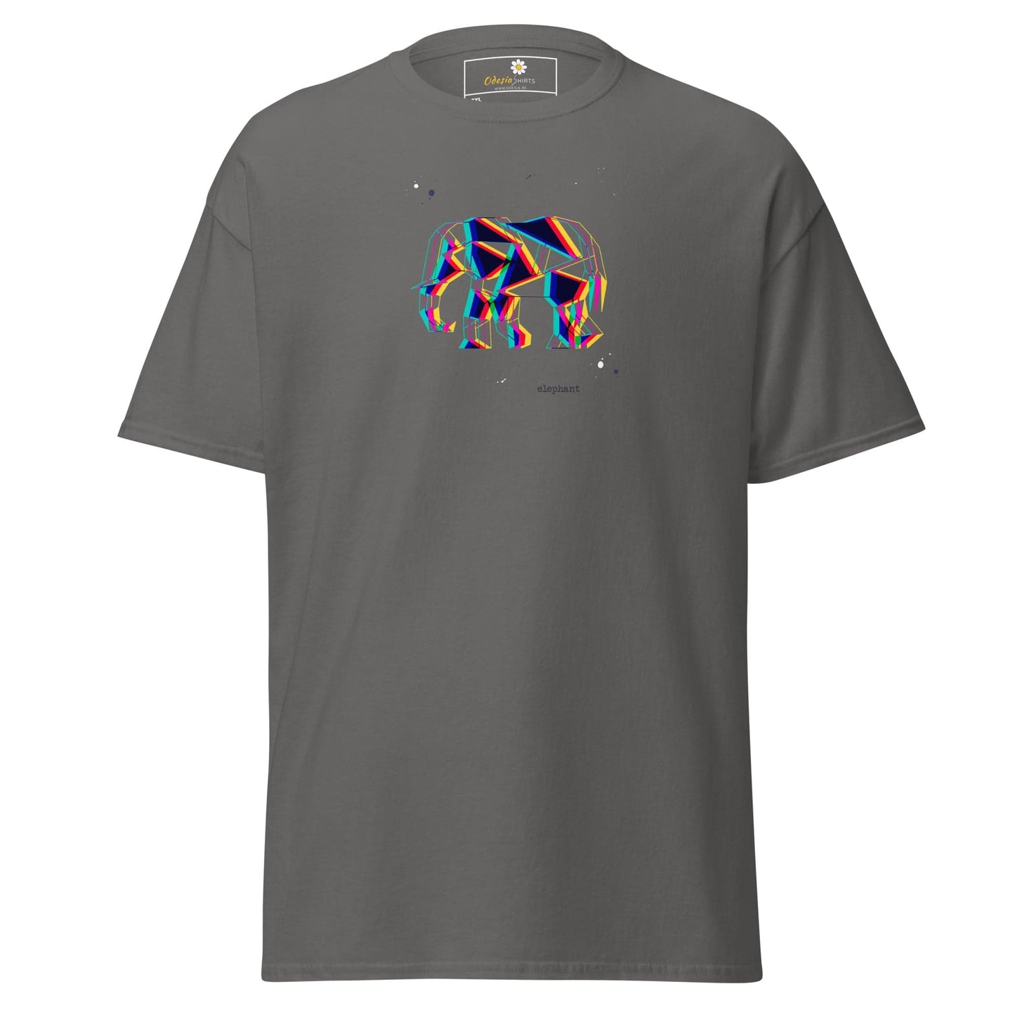 Gray t-shirt with geometric elephant design.