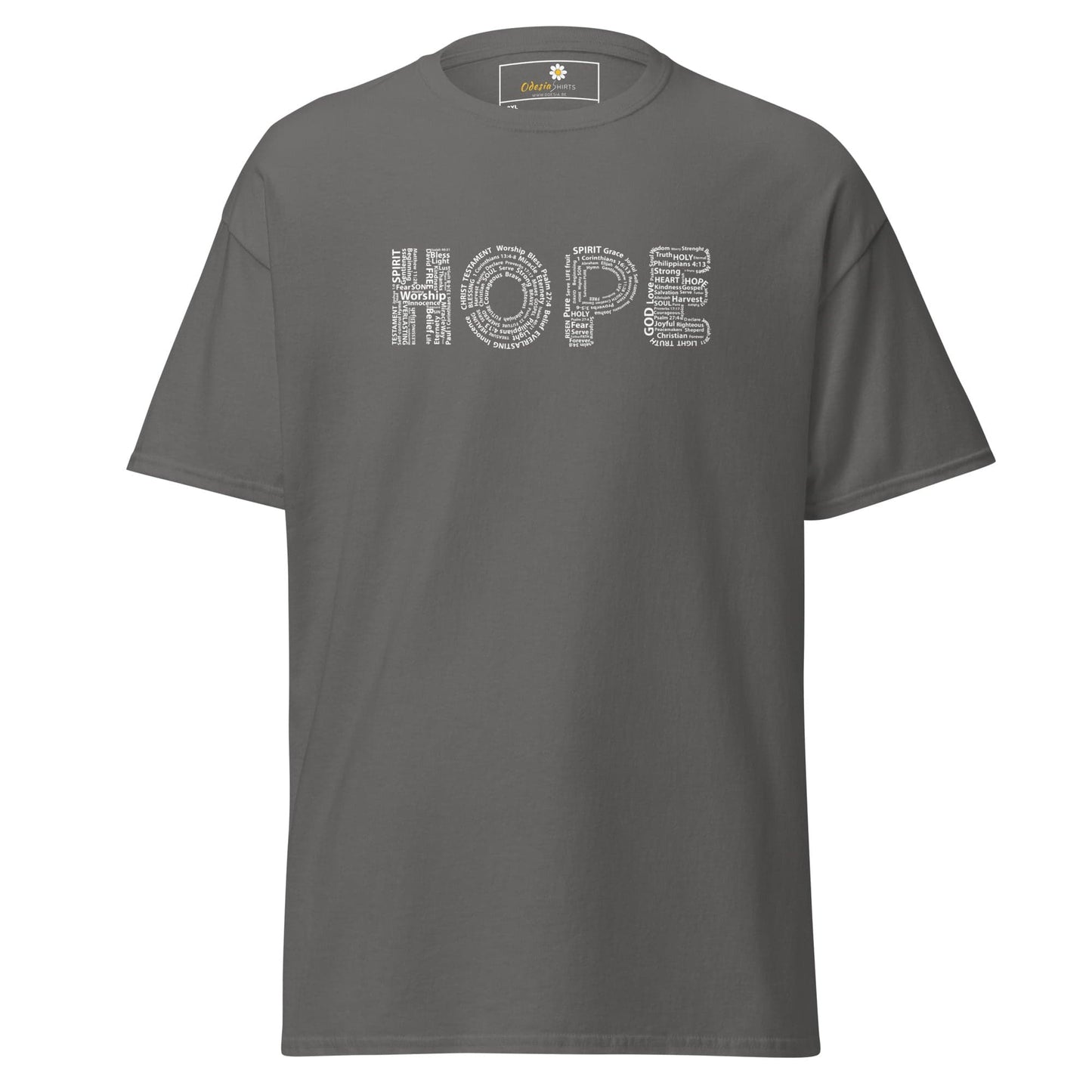 Gray t-shirt with ’HOPE’ design.
