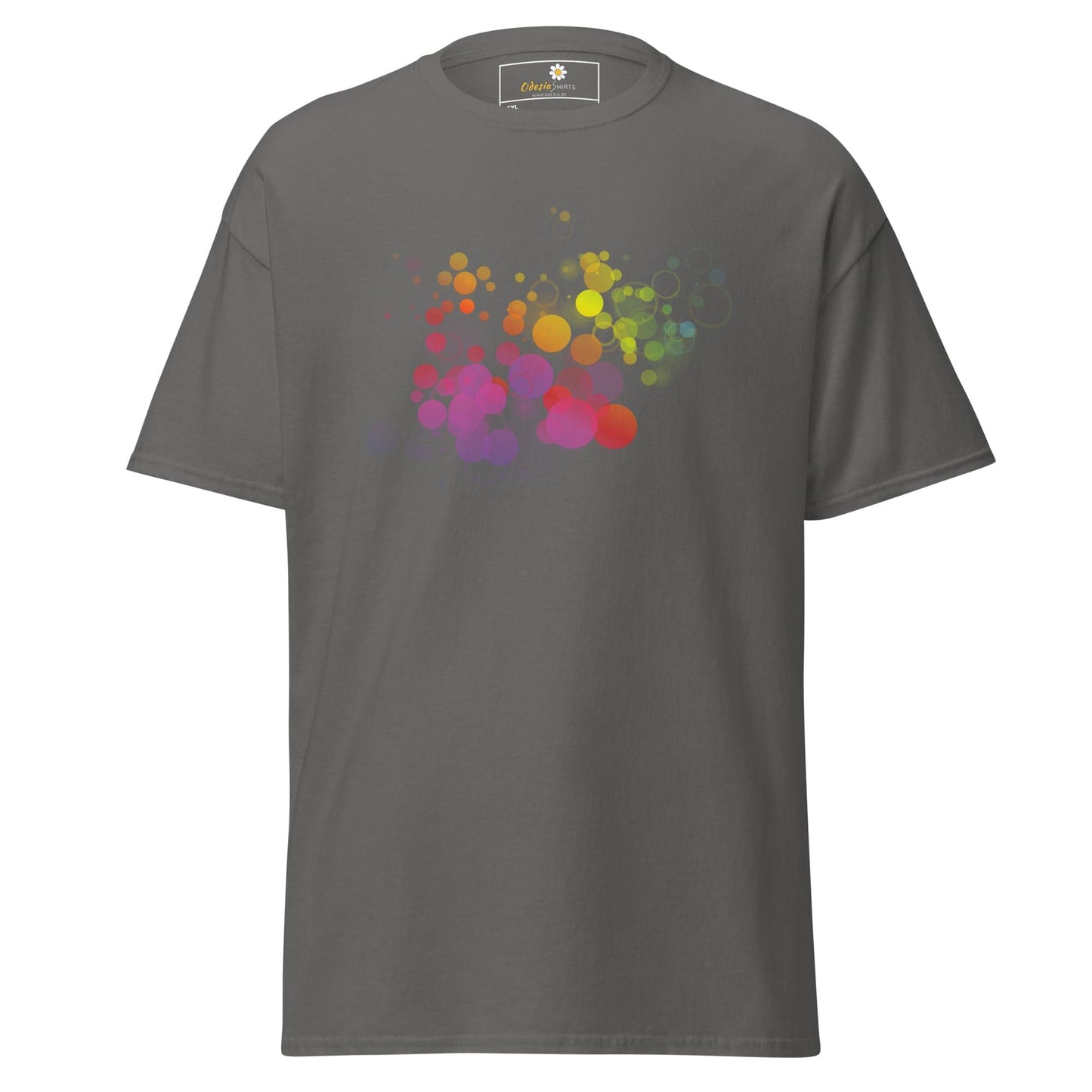 Gray T-shirt featuring a vibrant colorful circle design, suitable for men and women sizes 2XL to 5XL