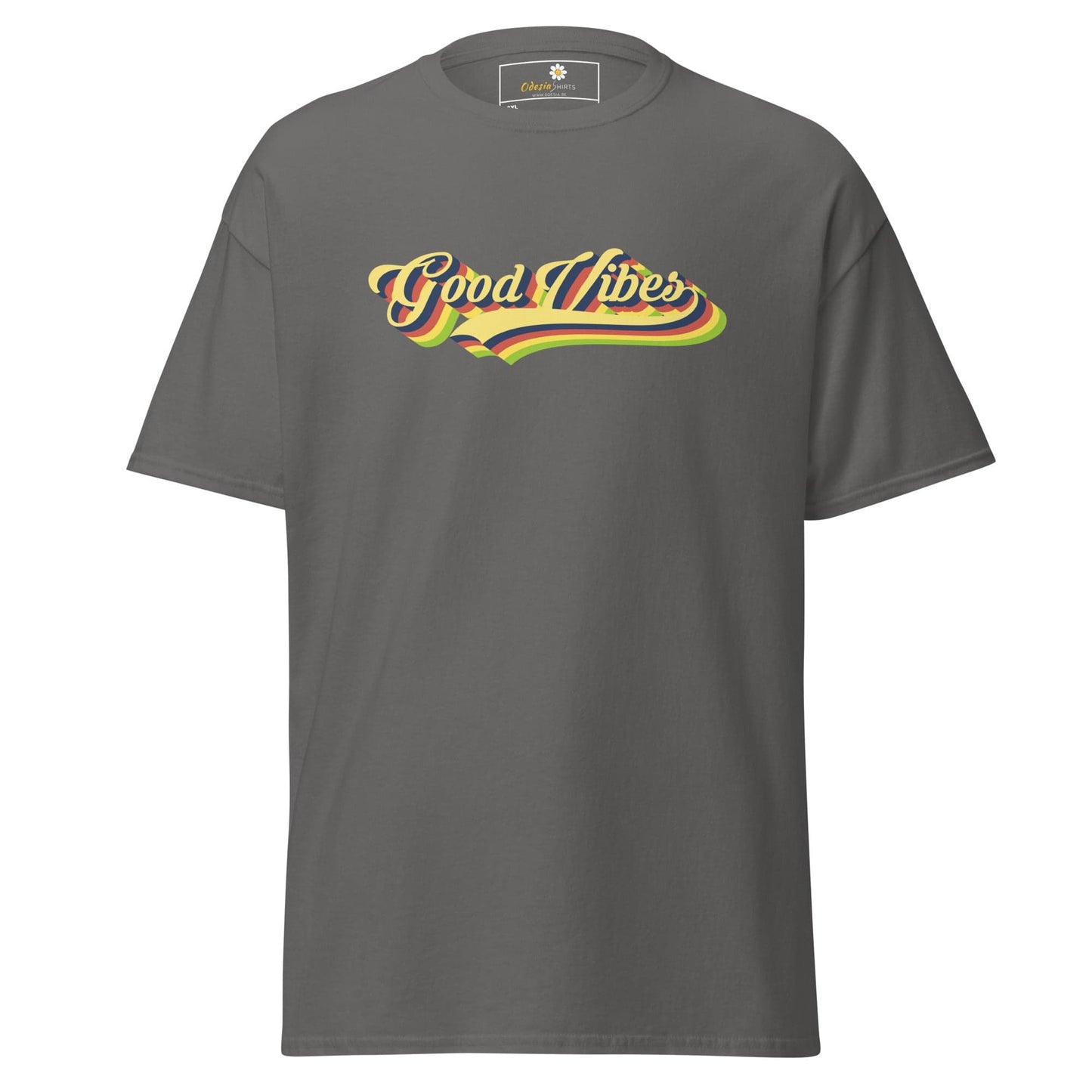 Gray t-shirt with ’Good Vibes’ text.