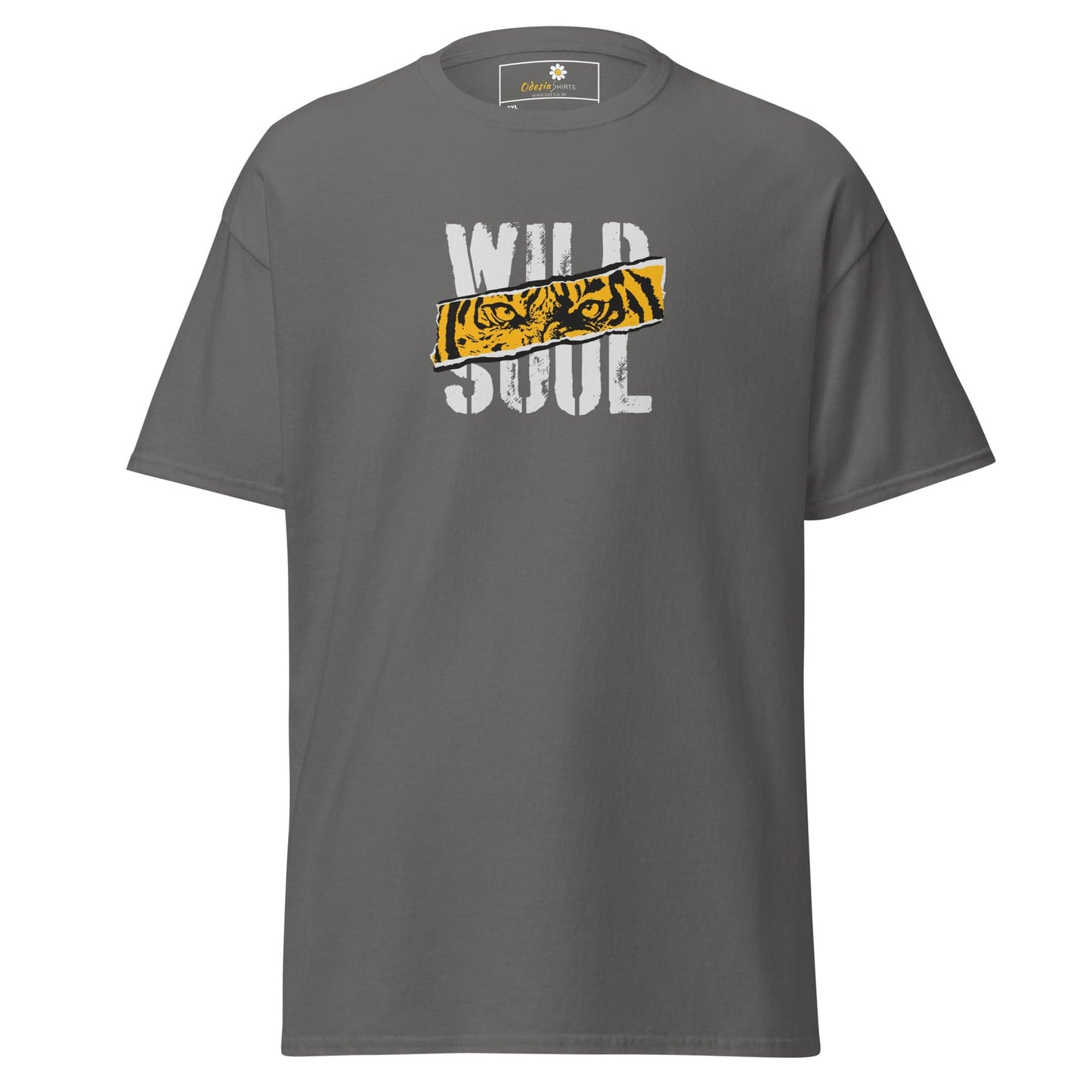 Gray t-shirt with ’Wild Soul’ graphic.