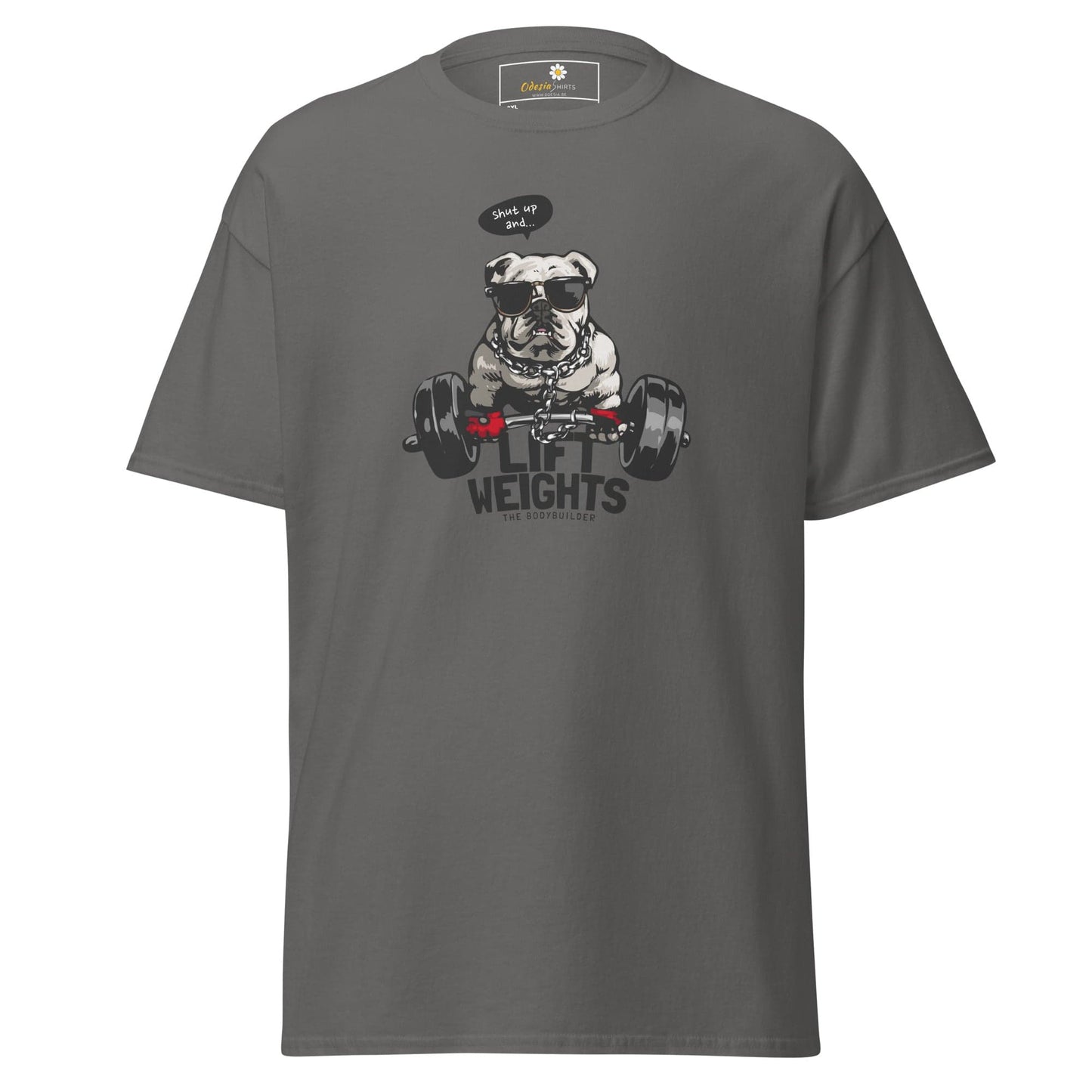 Gray t-shirt with bulldog weightlifter graphic.