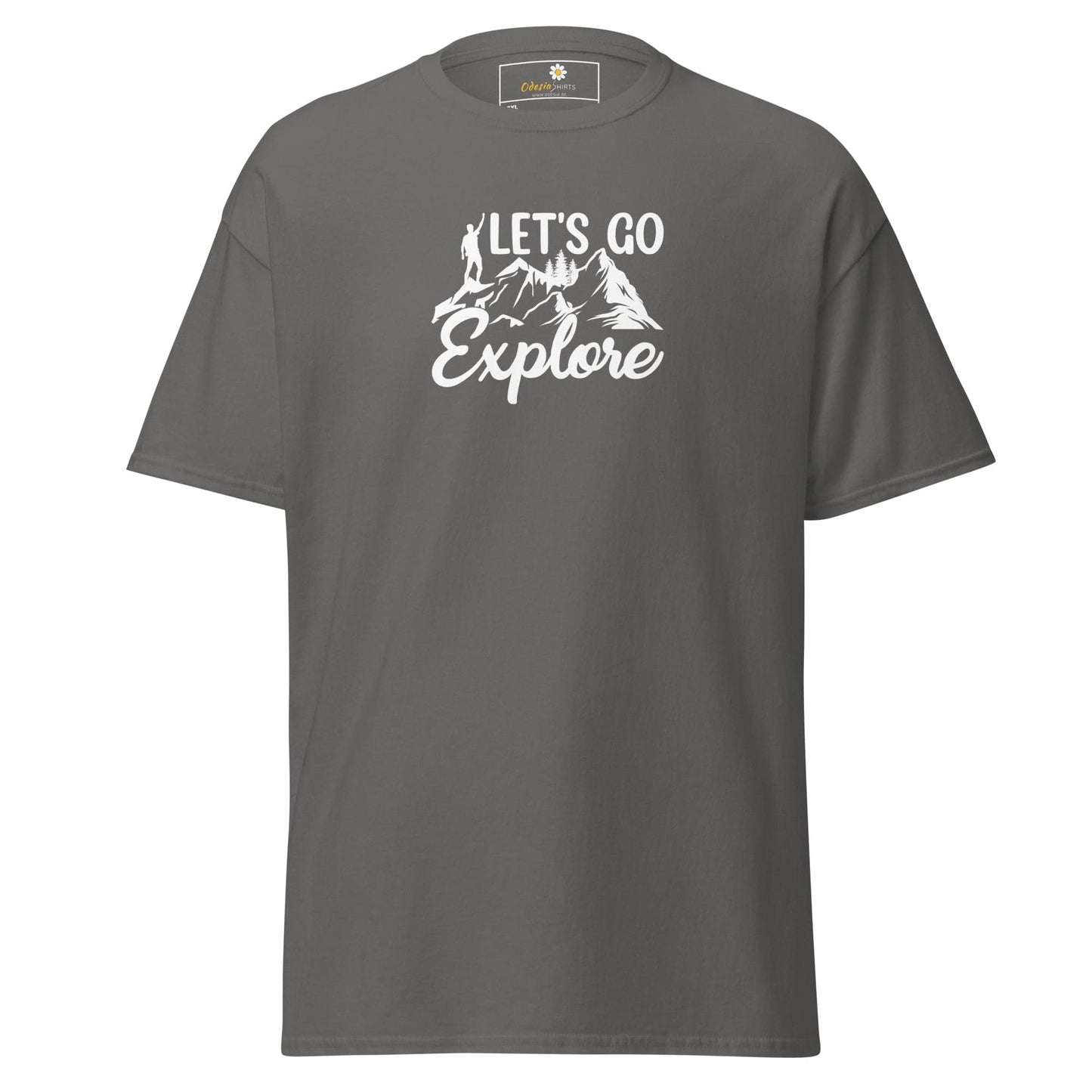 Gray T-shirt with Let’s Go Explore graphic from T-SHIRT DESIGN TEE for Men and Women