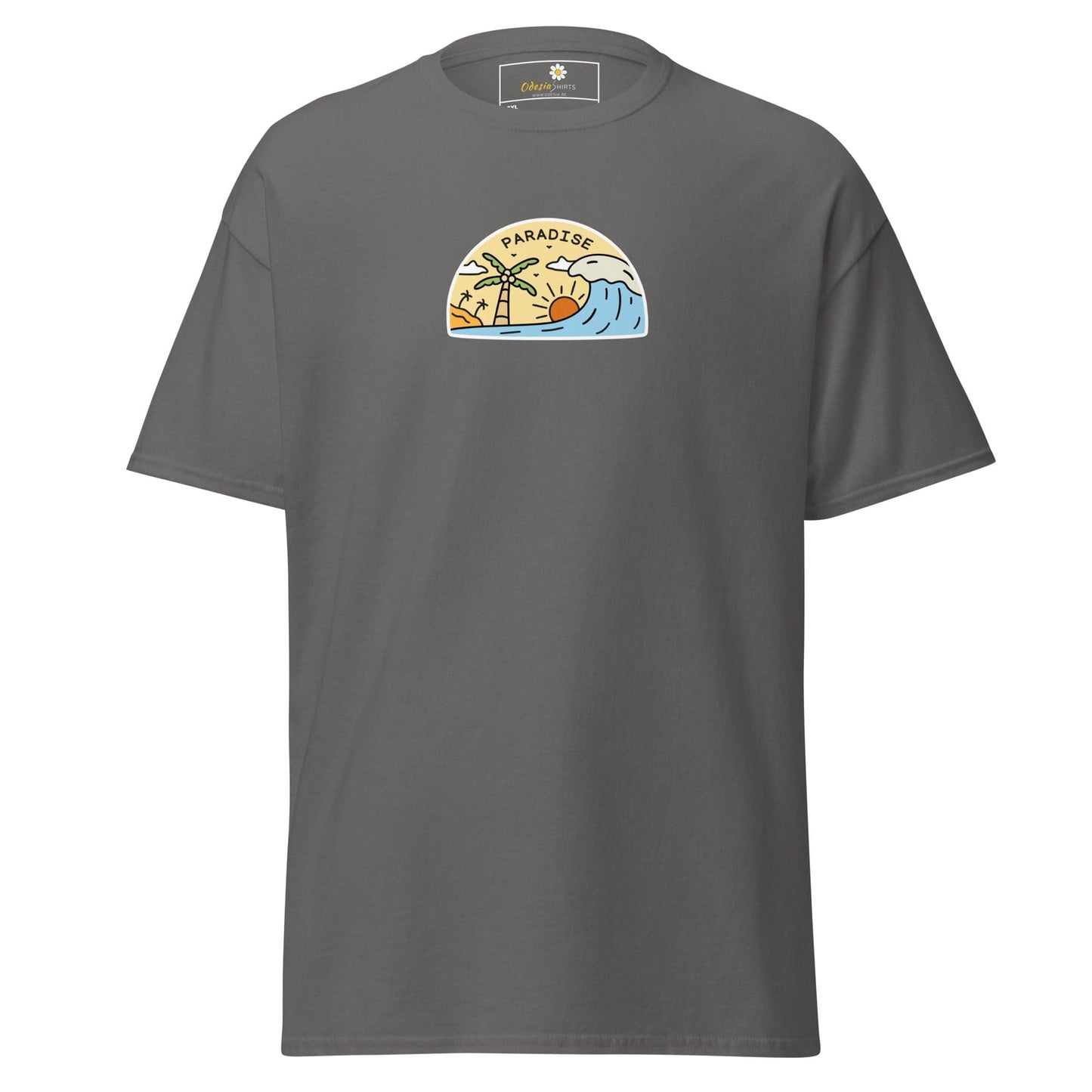 Gray t-shirt with a beach scene.