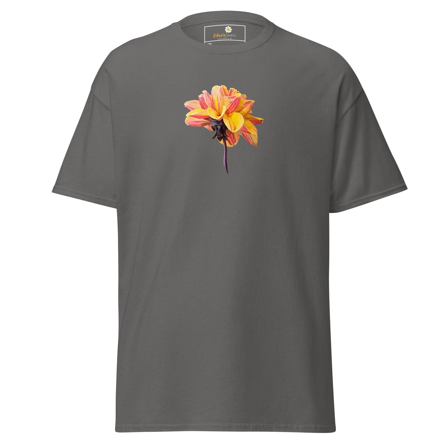 Gray t-shirt with flower.