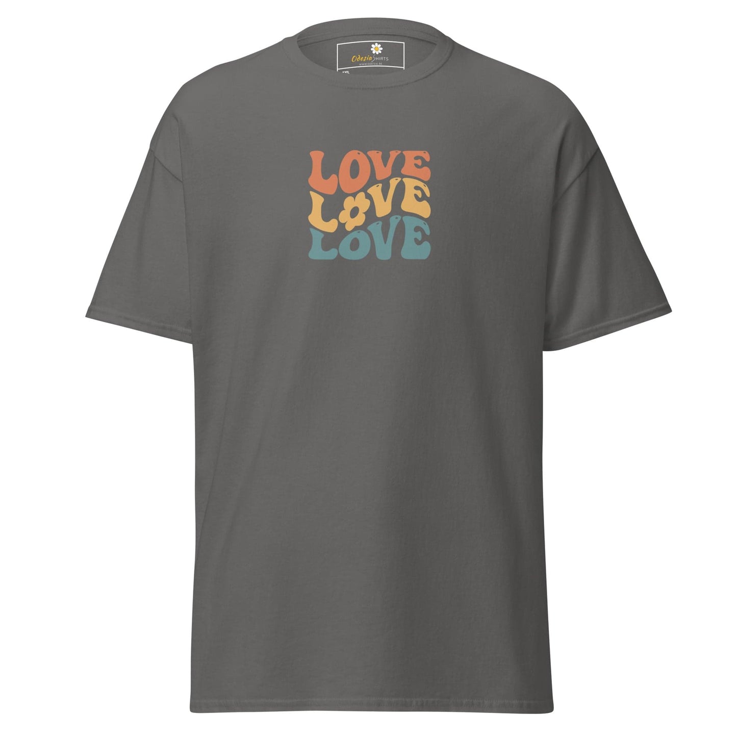 Gray t-shirt with stacked ’love’ text.