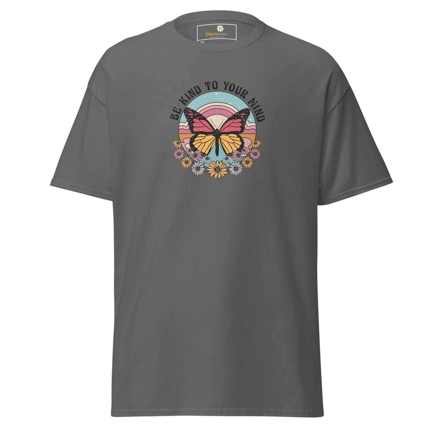 Gray t-shirt with butterfly and floral design.