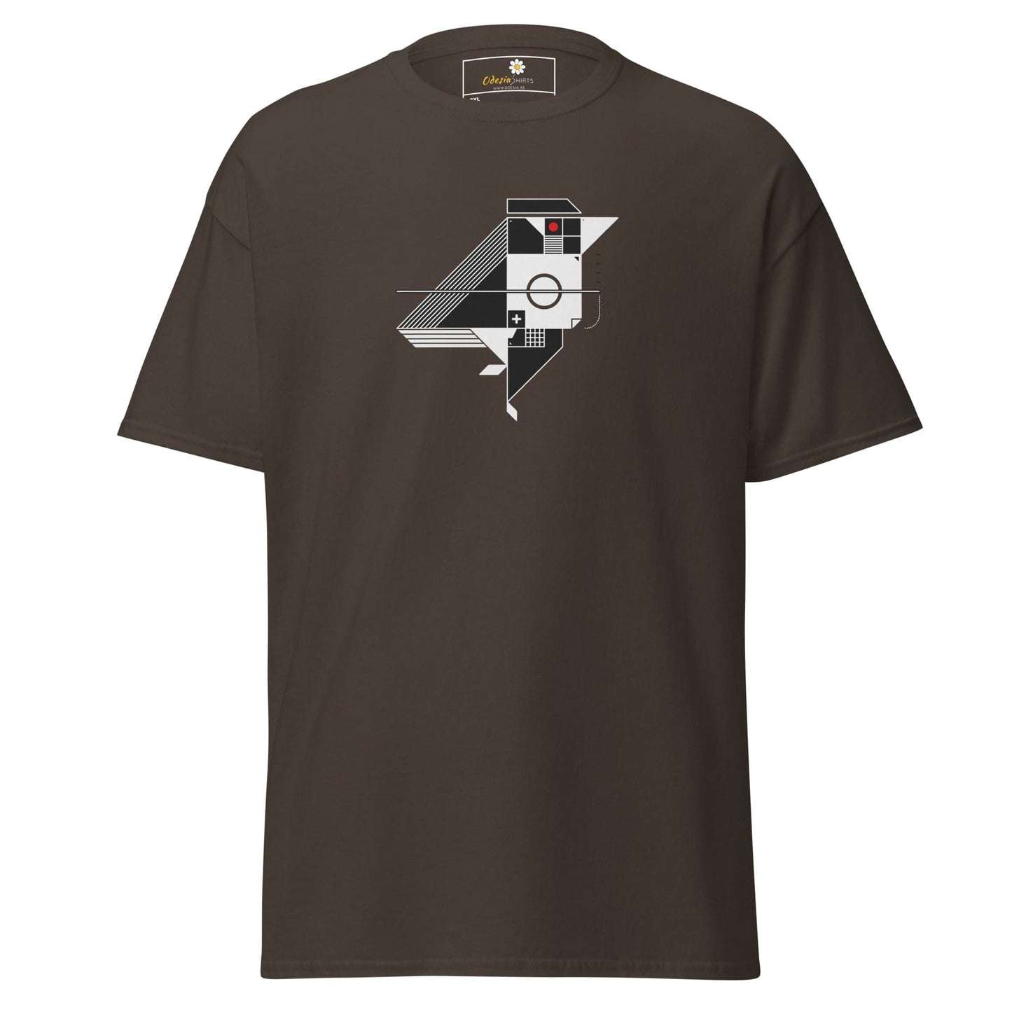 Brown t-shirt with geometric bird design.
