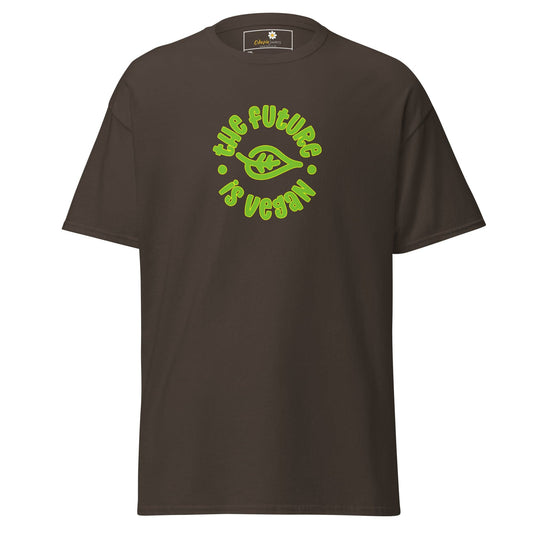 Brown t-shirt with vegan graphic.