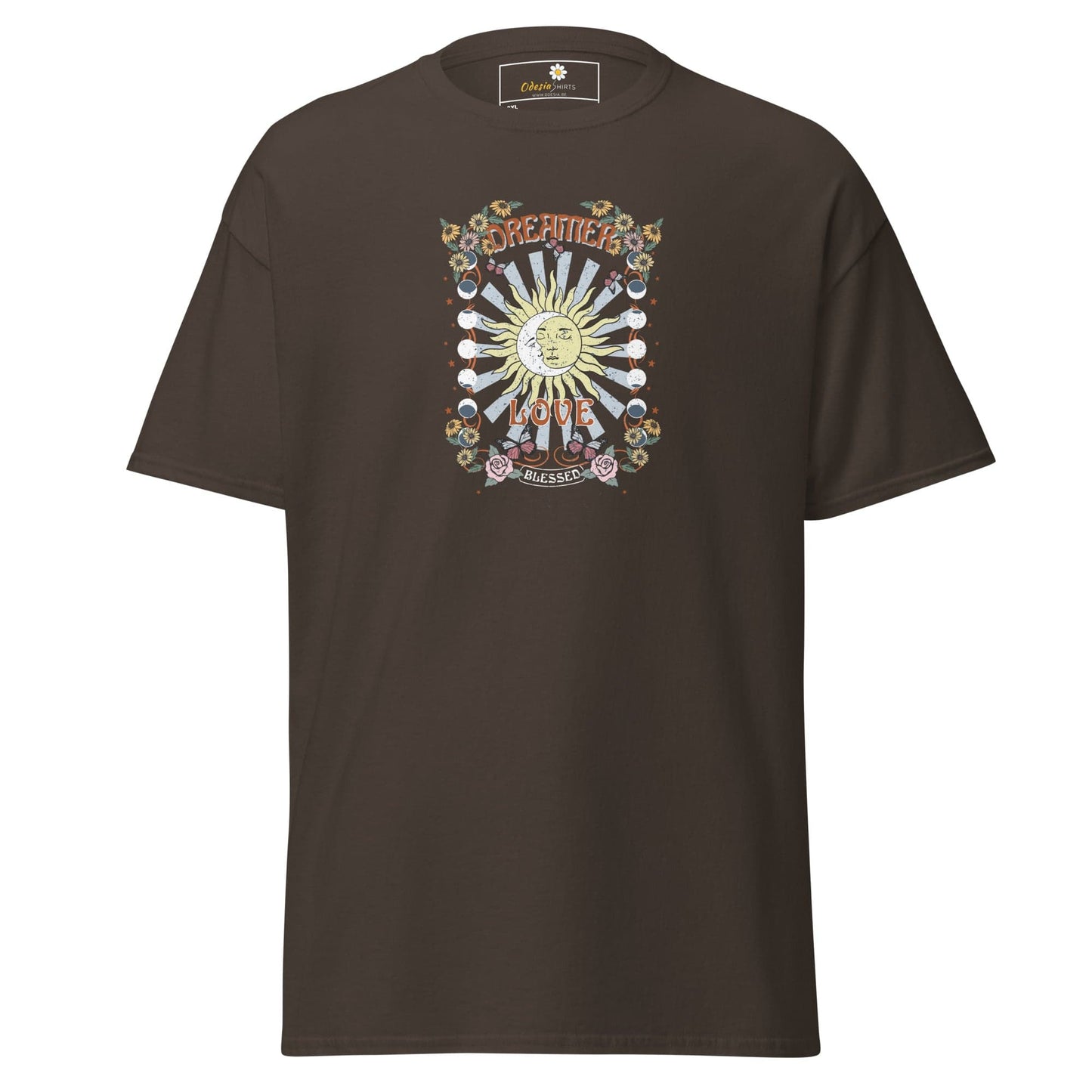 Brown t-shirt with sun graphic.