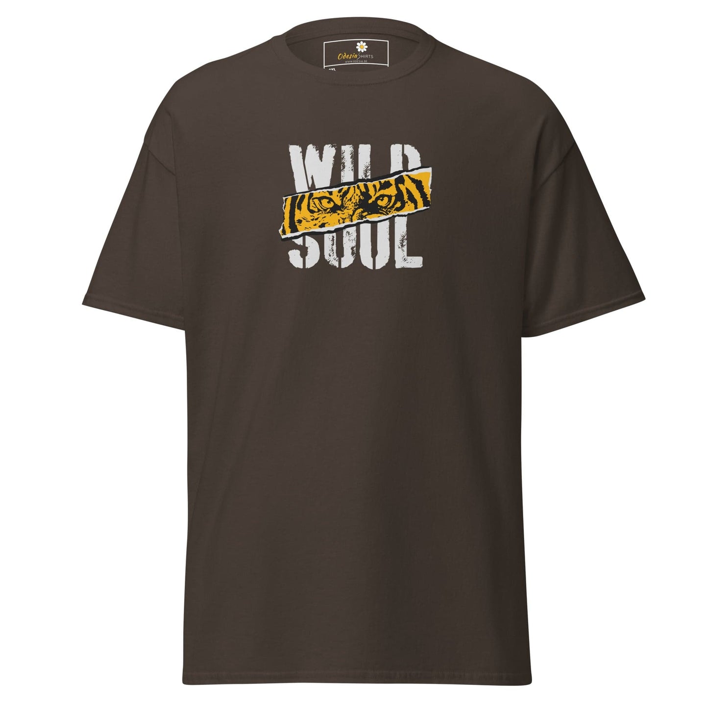 Brown t-shirt with ’Wild Soul’ graphic.