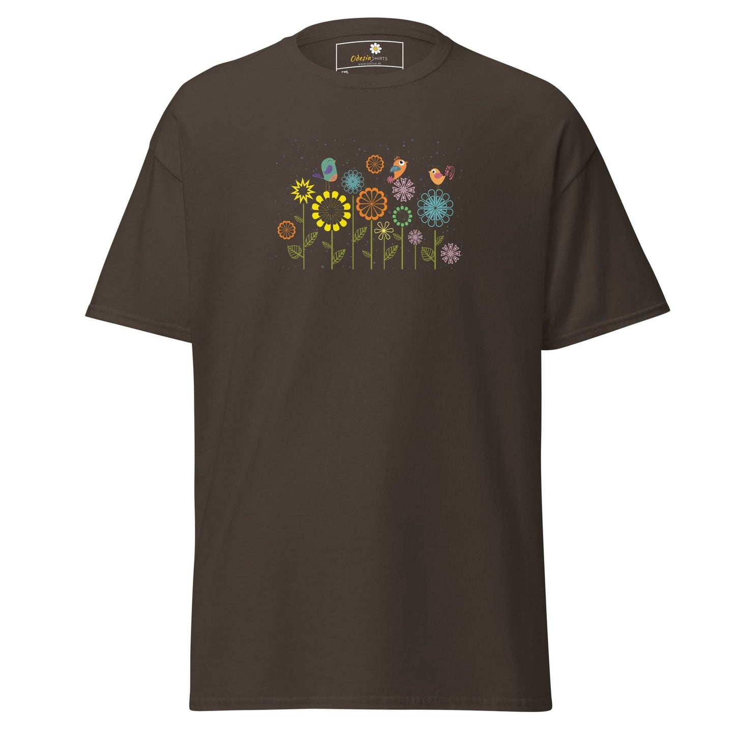 Brown t-shirt with floral and bird design.