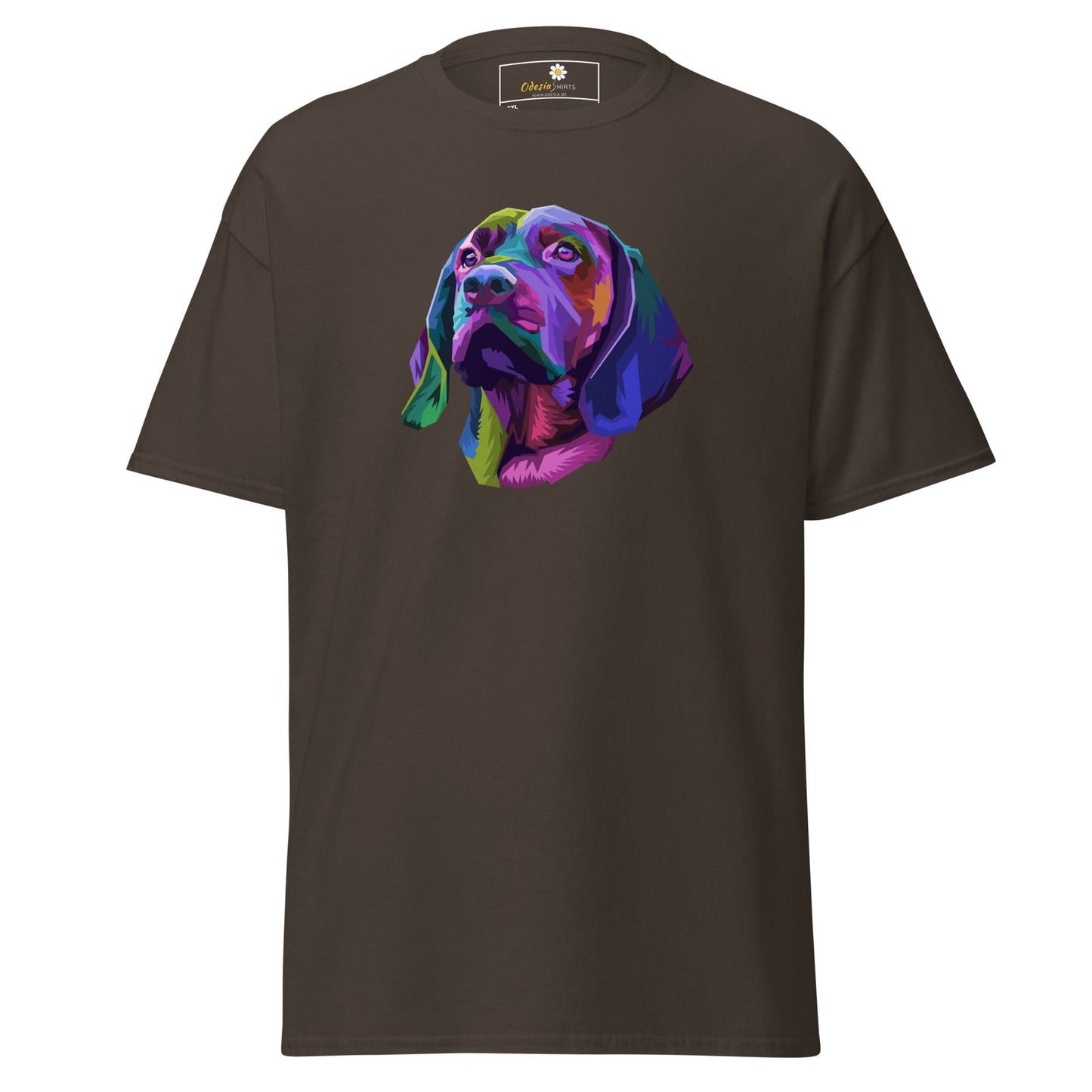 Brown T-shirt with colorful dog graphic for Men and Women in 2XL to 5XL sizes