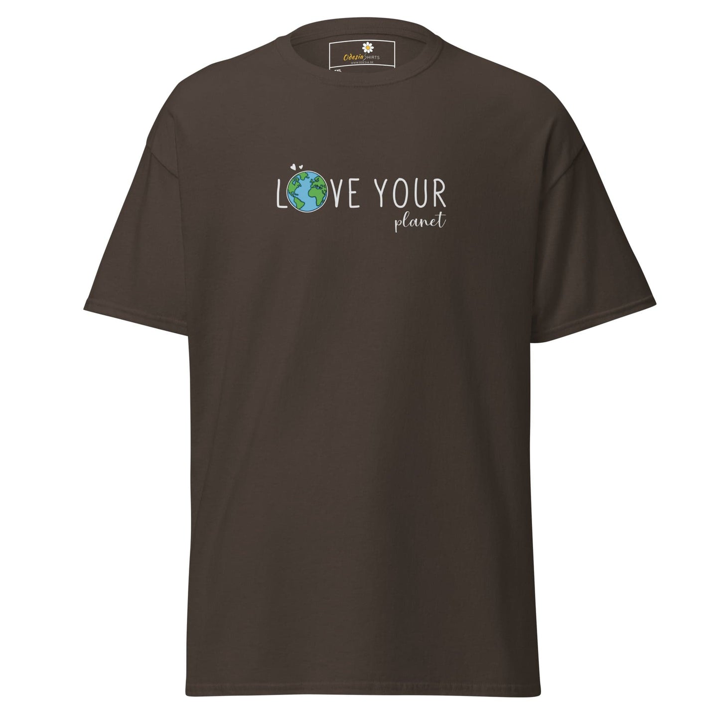 Brown t-shirt with ’Love Your Planet’ design.
