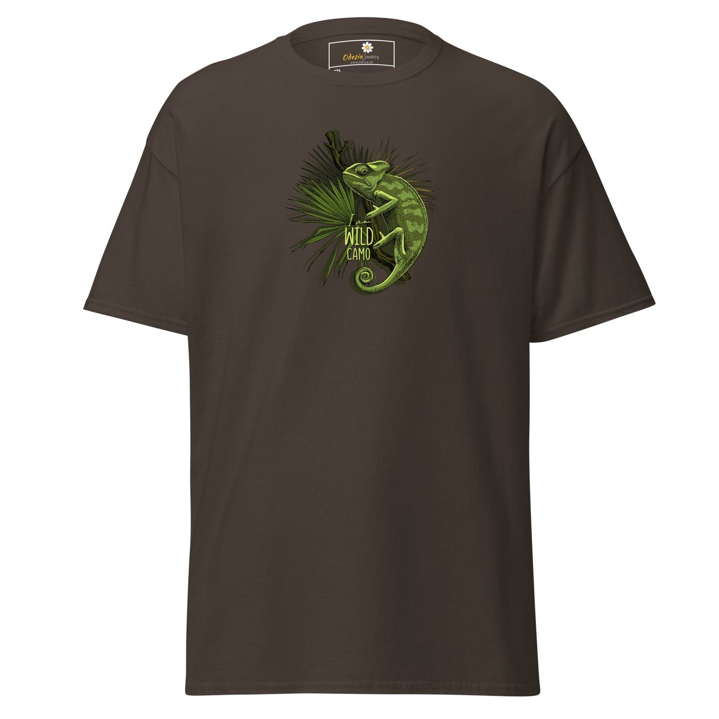 Brown t-shirt with chameleon graphic.