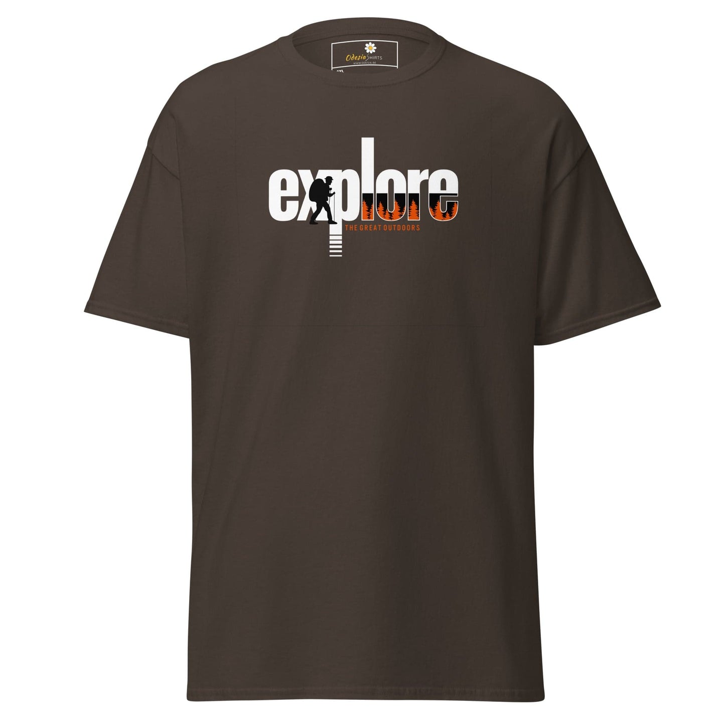 Brown t-shirt with ’explore’ graphic.
