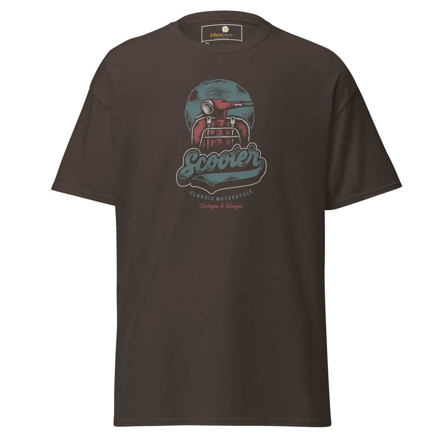 Brown t-shirt with scooter graphic.