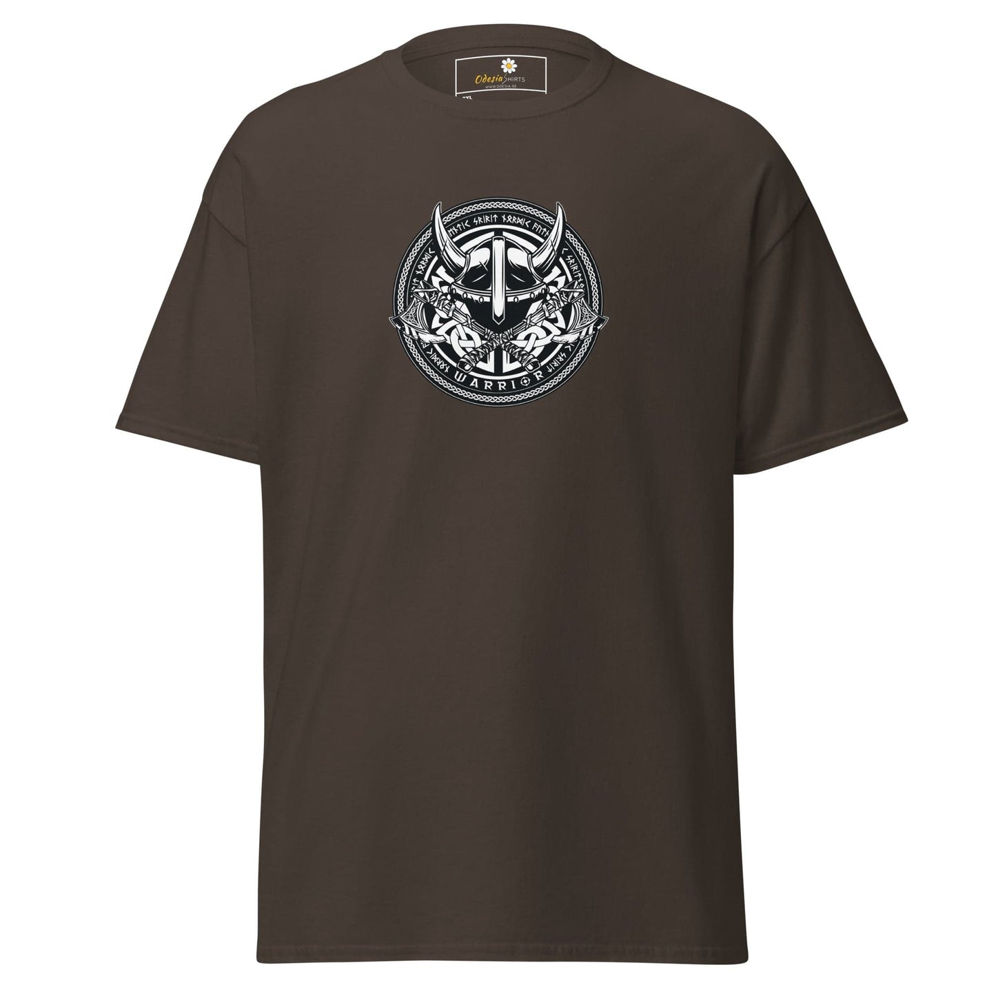Brown t-shirt with Viking helmet graphic.
