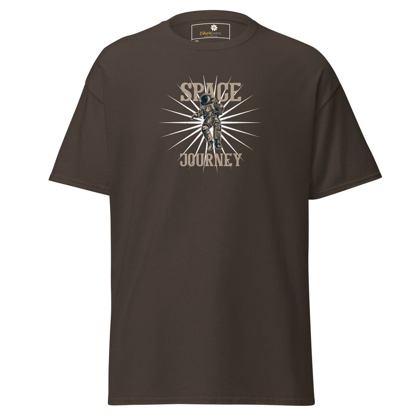 Brown t-shirt featuring an astronaut graphic, suitable for men and women in 2XL to 5XL sizes