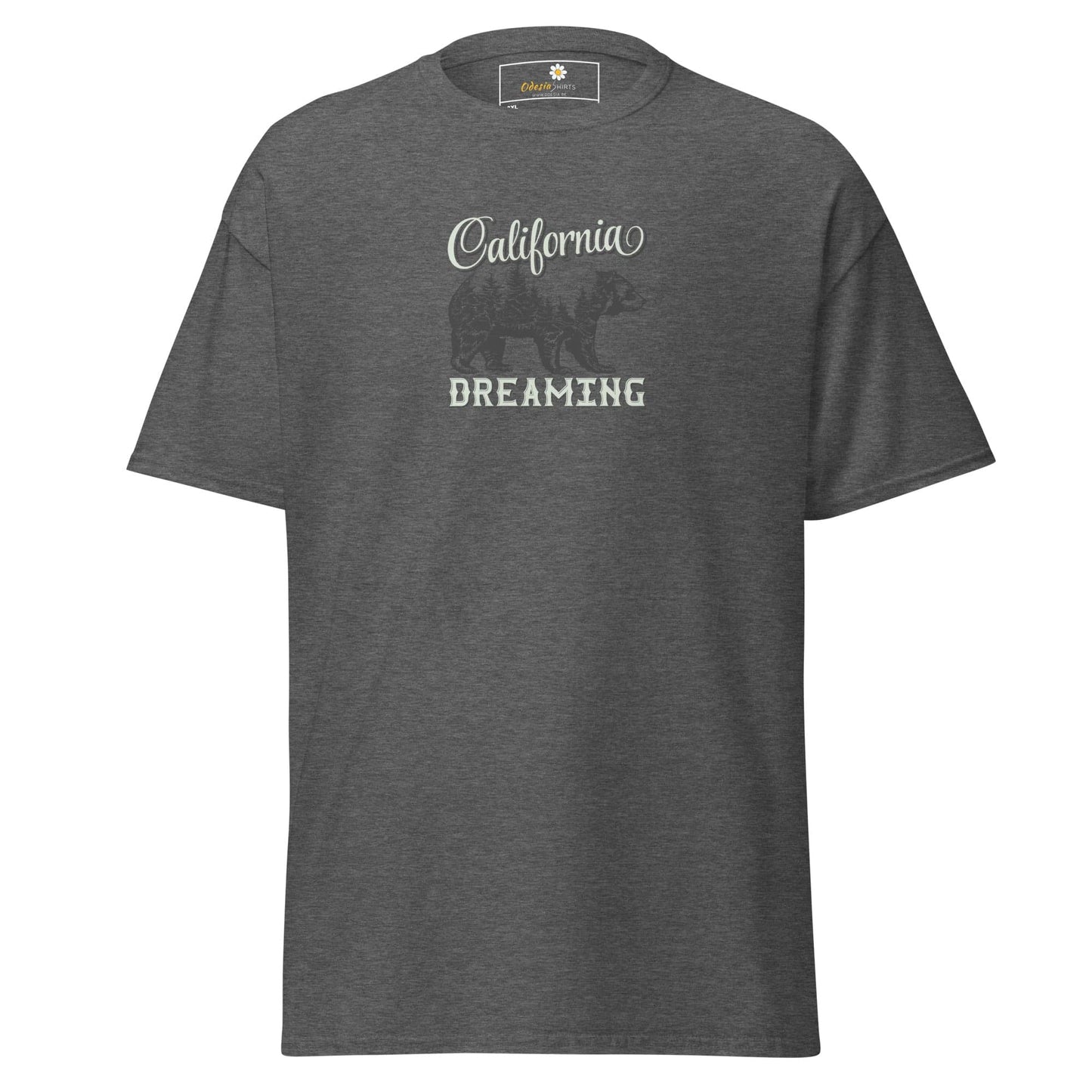 Gray T-shirt with California Dreaming graphic featured in Men and Women 2XL-5XL sizing