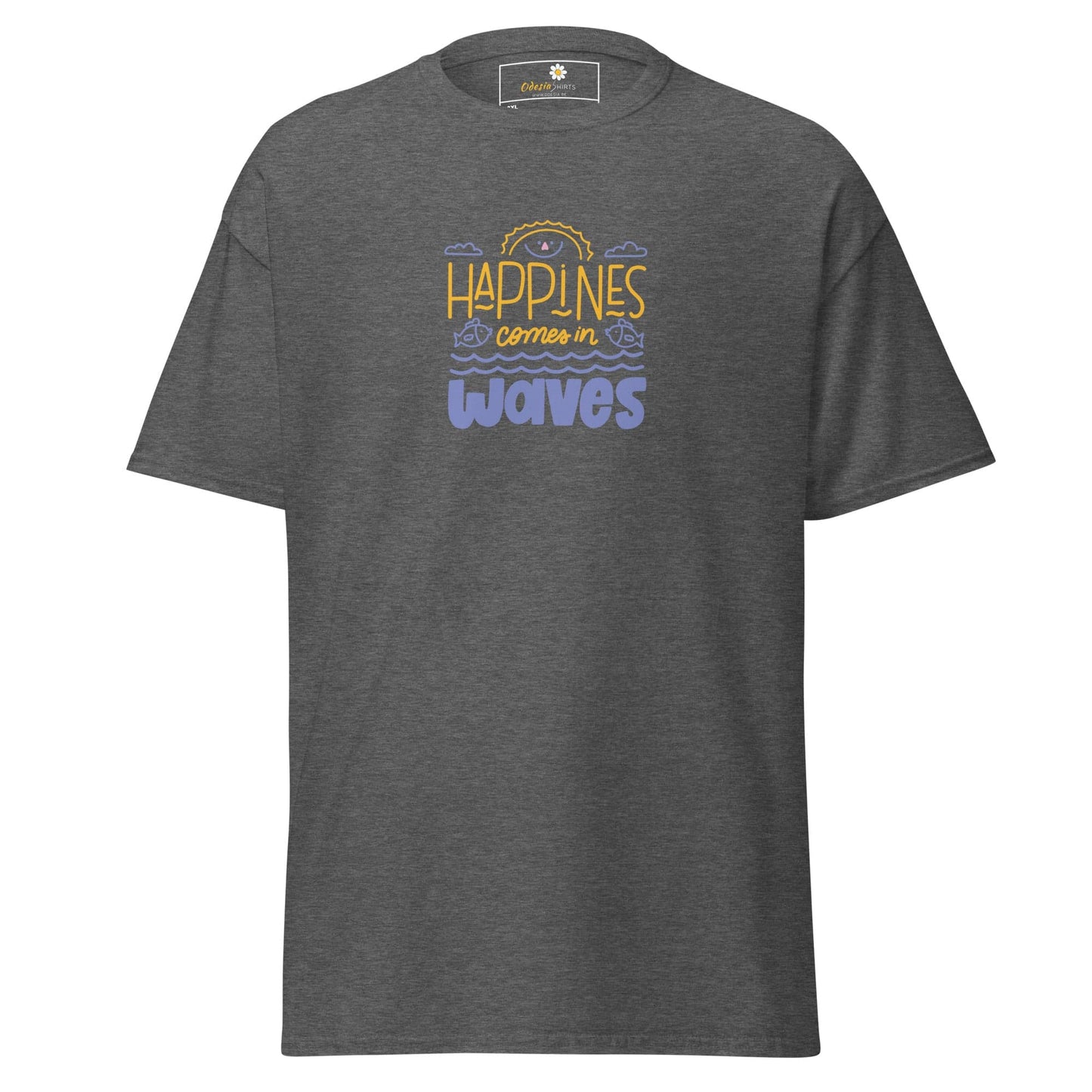 Gray T-shirt with Happiness Comes in Waves design for Men and Women in 2XL to 5XL