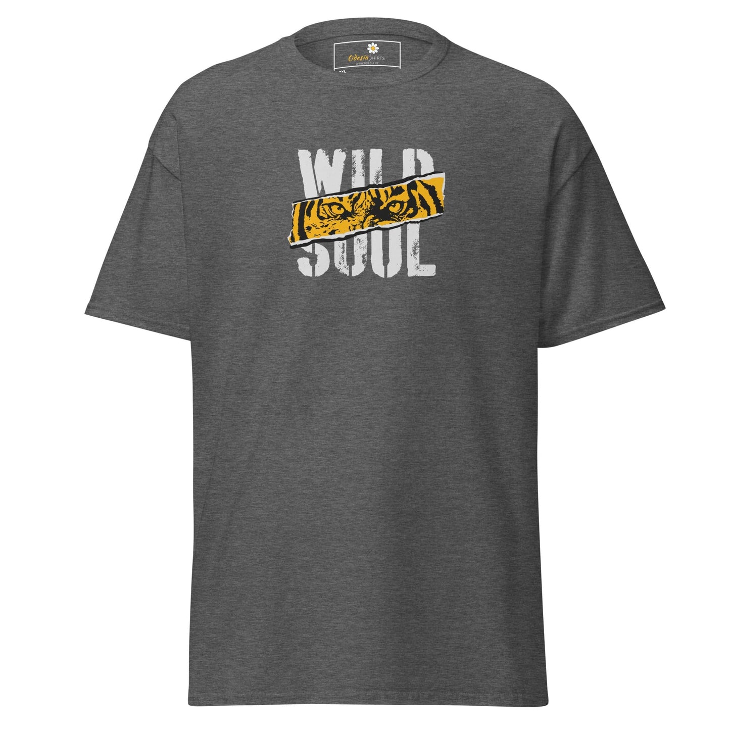 Gray t-shirt with ’Wild Soul’ graphic.